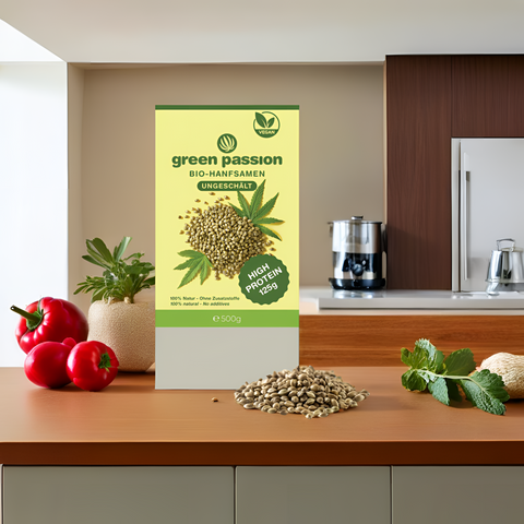 Bio-Hanfsamen ungeschält von Green Passion – proteinreiches Superfood für Smoothies, Müesli oder Salate. 100% Naturprodukt ohne Zusätze.