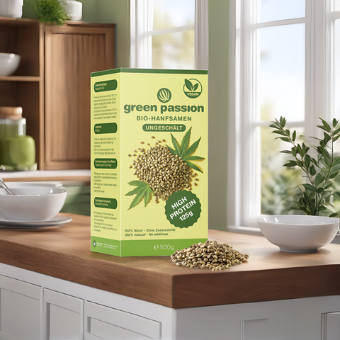 Bio-Hanfsamen ungeschält von Green Passion – proteinreiches Superfood für Smoothies, Müesli oder Salate. 100% Naturprodukt ohne Zusätze.