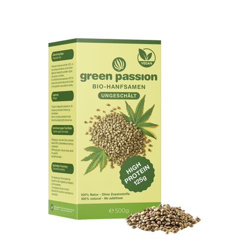 Green Passion ungeschälte Bio-Hanfsamen 500g – hochwertiges Superfood mit essenziellen Fettsäuren und Proteinen für deine gesunde Ernährung.
