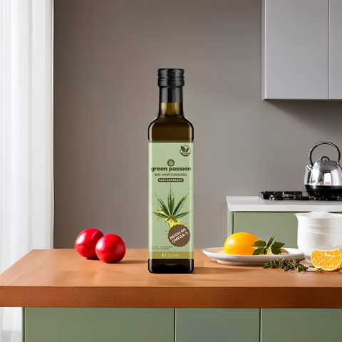 Bio-Hanfsamenöl 250ml von Green Passion in moderner Küche – kaltgepresstes, nährstoffreiches Öl für gesunde Ernährung und Gourmet-Küche.
