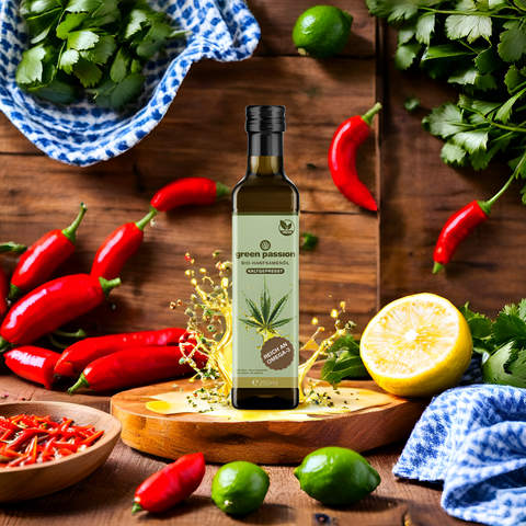 Bio-Hanfsamenöl 250ml von Green Passion mit Öl-Splash auf rustikalem Holztisch – hochwertige Omega-3-Quelle für gesunde Küche.