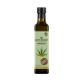 Green Passion Organic hemp seed oil 250ml with a golden-yellow oil splash – rich in unsaturated fatty acids, perfect for salads and cold dishes.