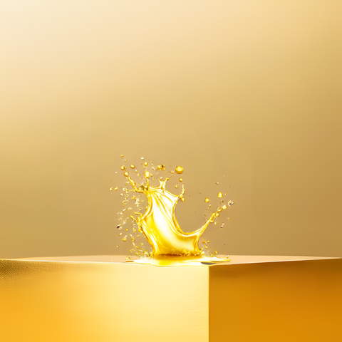 Goldgelber Öl-Splash auf edler goldener Oberfläche – Bio-Hanfsamenöl von Green Passion, reich an wertvollen Fettsäuren für die Ernährung.