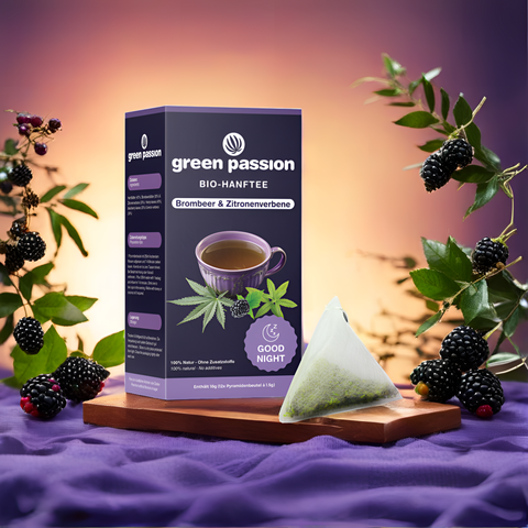 Green Passion Bio-Hanftee Good Night mit Hanf, Brombeere und Zitronenverbene. Perfekt für eine entspannte Pause oder Abendroutine.