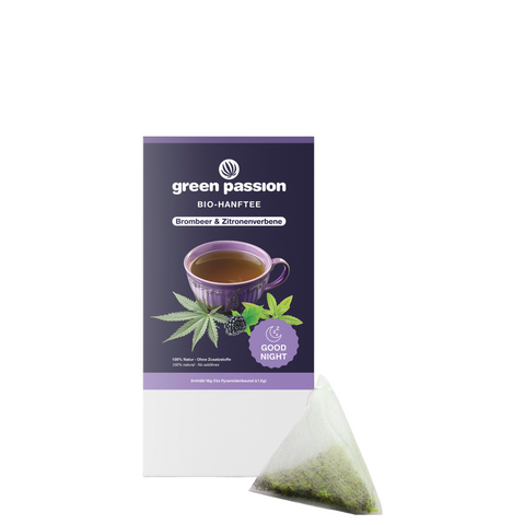 Green Passion Bio-Hanftee Good Night mit Pyramidenbeutel. Natürlicher Hanftee mit Brombeere und Zitronenverbene für erholsamen Schlaf.