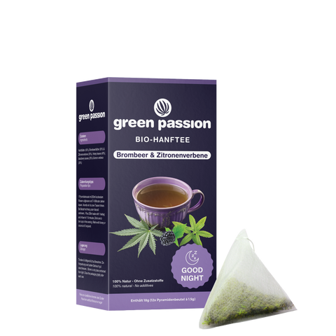 Green Passion Bio-Hanftee Good Night mit Pyramidenbeutel. Natürlicher Hanftee mit Brombeere und Zitronenverbene für erholsamen Schlaf.