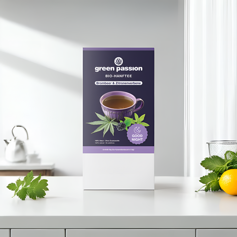 Green Passion Bio-Hanftee Good Night in der Küche. 100% natürliche Zutaten für einen sanften und beruhigenden Genussmoment.