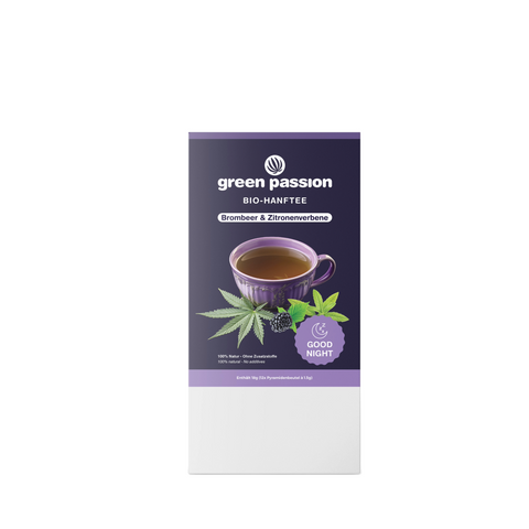 Bio-Hanftee Good Night von Green Passion mit Brombeere und Zitronenverbene. Entspannender Tee in 12 Pyramidenbeuteln.