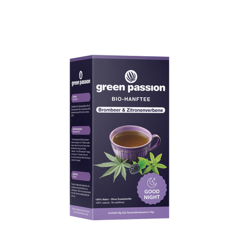 Bio-Hanftee Good Night von Green Passion mit Brombeere und Zitronenverbene. Entspannender Tee in 12 Pyramidenbeuteln.