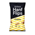 Schwarze Verpackung der Heimat Hanf Flips Cheezy, 70g, mit gelben Streifen und Abbildungen der Flips, glutenfrei, proteinreich, vegan.