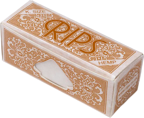 Verpackung der Rips Rolling Papers King Size aus Hanf mit dekorativem Muster und Sichtfenster, zeigt stilvolles Design für Raucherbedarf.