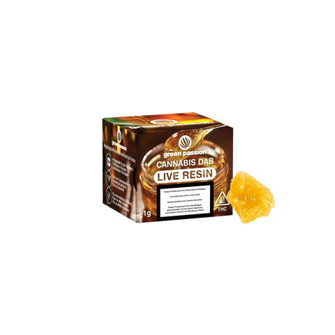 Verpackung von Green Passion Cannabis Dab Live Resin, 1g, mit sichtbarem Produkt und THC-Hinweis.