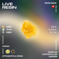 Live Resin mit 89% CBD, 0,99% THC und 3,1% CBG, harzige Konsistenz, zitrusartiges und erdiges Aroma, Swiss Made, Terpenprofil: Humulen, Caryophyllen, Limonen.