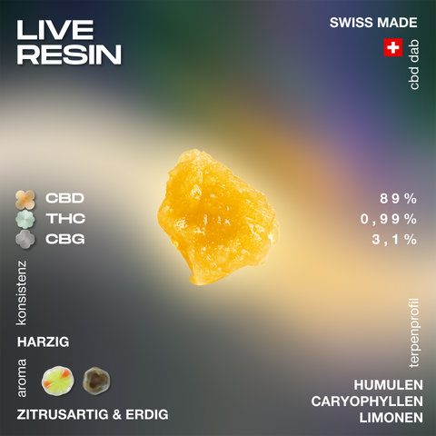 Live Resin mit 89% CBD, 0,99% THC und 3,1% CBG, harzige Konsistenz, zitrusartiges und erdiges Aroma, Swiss Made, Terpenprofil: Humulen, Caryophyllen, Limonen.