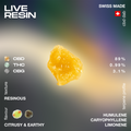 A piece of golden, resinous CBD concentrate labeled 'Live Resin' with cannabinoid percentages and terpene profile, featuring a Swiss flag icon.