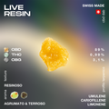 Live Resin con 89% CBD, 0,99% THC e 3,1% CBG, texture resinosa, aroma agrumato e terroso, profilo terpenico con umulene, cariofillene e limonene.