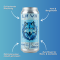 LUF Viv Hanfgetränk 44cl Dose mit blauem Wolfsmotiv; erfrischende Mischung aus Hanf und Bergamotte, ideal für Mocktails und Cocktails.