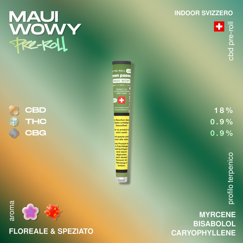 Confezione di un pre-roll CBD Maui Wowy di Green Passion con dettagli su CBD, THC e CBG, e profilo aromatico floreale e speziato.