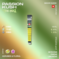Un joint pré-roulé Passion Kush avec des arômes d'agrumes et floraux, affichant des pourcentages de CBD, THC et CBG, et un profil terpénique de myrcène, pinène et limonène.