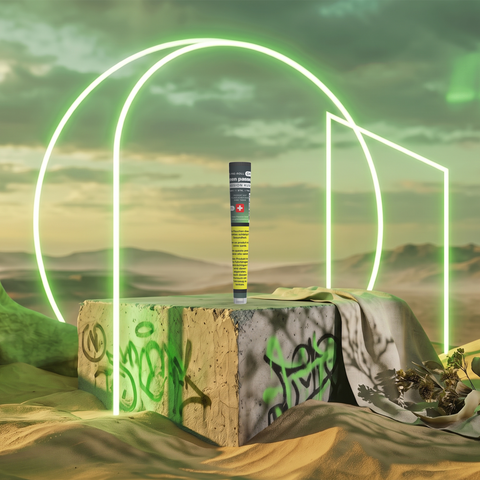 Ein vorgerollter CBD-Joint mit der Aufschrift 'Passion Kush' steht auf einem mit Graffiti besprühten Block vor einer futuristischen Landschaft.
