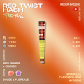 Confezione di un pre-roll Red Twist Hash con dettagli su contenuto e profilo terpenico, su sfondo arancione sfumato.