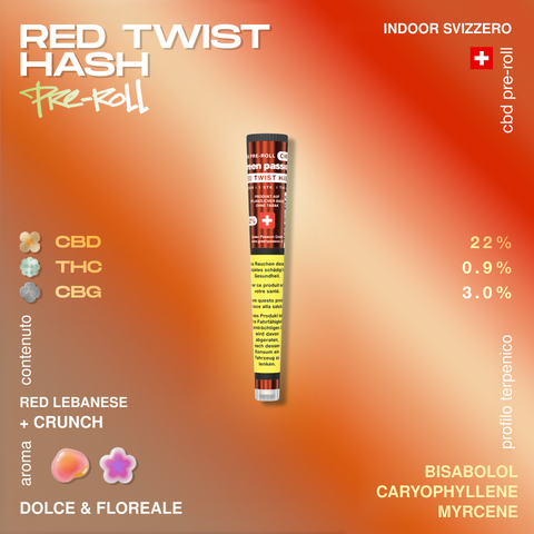 Confezione di un pre-roll Red Twist Hash con dettagli su contenuto e profilo terpenico, su sfondo arancione sfumato.