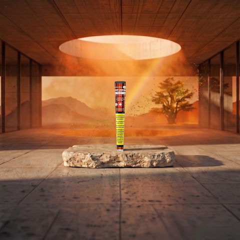 Ein CBD Pre-Rolled Joint namens Red Twist von Green Passion steht auf einem Stein in einem modernen Raum mit Sonnenlicht und einem Baum im Hintergrund.