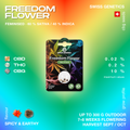Packaging of Freedom Flower CBG strain feminized cannabis seeds by Green Passion, featuring colorful leaf design and product details.