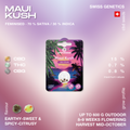 Packaging of Maui Kush CBD strain seeds by Green Passion, featuring a tropical design with palm trees and a sunset. Contains feminised seeds with 70% Sativa and 30% Indica.