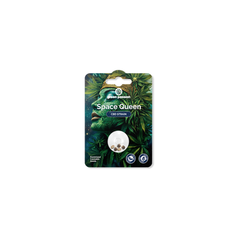 Emballage des graines de chanvre CBD Space Queen de Green Passion au design artistique, avec fenêtre laissant voir les graines.