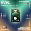 Verpackung der Space Queen CBD Hanfsamen von Green Passion mit Angaben zu Genetik, CBD-, THC- und CBG-Gehalt sowie Blütezeit und Aroma.