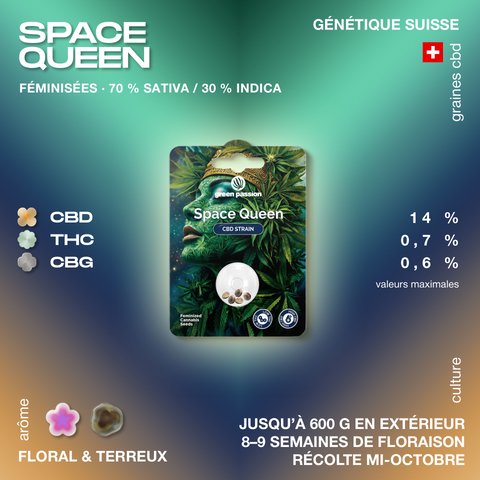Emballage de graines de cannabis CBD Space Queen de Green Passion, avec un design vert et des informations sur la génétique suisse et les pourcentages de CBD, THC et CBG.