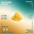 Sugar Wax con 90% CBD, 0,99% THC e 1,8% CBG, con texture granulosa e aroma erbaceo e fruttato. Profilo terpenico include bisabololo, limonene e cariofillene.