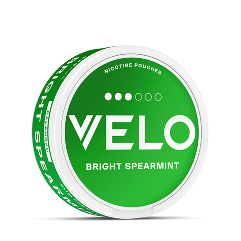 VELO Bright Spearmint mit intensivem Minzaroma, ausgewogene Nikotinstärke, stylische grüne Dose mit klarer Markenoptik