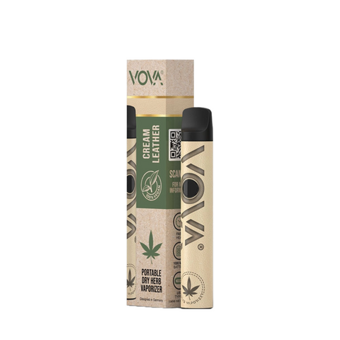 VOVA Cream Leather Vaporizer mit Verpackung – stilvolles Design in heller Lederoptik für sanfte und effiziente Kräuterverdampfung.