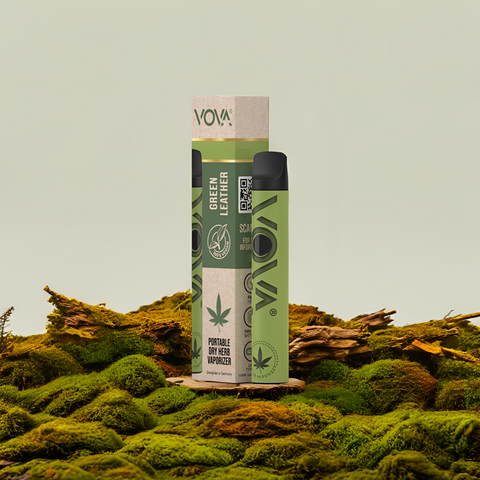 VOVA Green Leather Vaporizer mit Verpackung – edler Verdampfer mit natürlicher Lederoptik für ein angenehmes Kräutererlebnis.