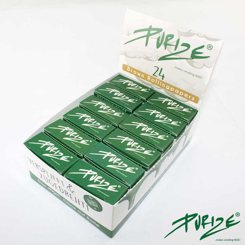 Boîtes vertes avec Purize Brown Rolls dans un emballage ouvert, montrant 24 feuilles à rouler brunes.