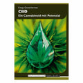 Libro specializzato sul CBD con foglia di canapa verde in goccia di vetro – informazioni su effetti, utilizzo e ricerca del cannabinoide cannabidiolo.