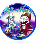 Rick and Morty Grinder bleu avec motif de château fantastique – grinder à herbes de haute qualité en aluminium pour un vrai style cartoon.