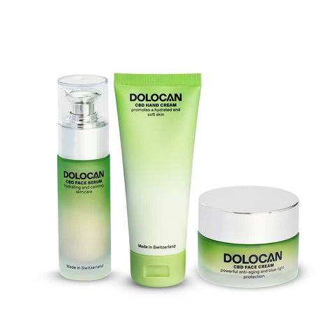 DOLOCAN CBD Skincare Set mit Face Serum, Face Cream & Hand Cream. Hochwertige Pflegeprodukte mit CBD für eine gesunde und gepflegte Haut.